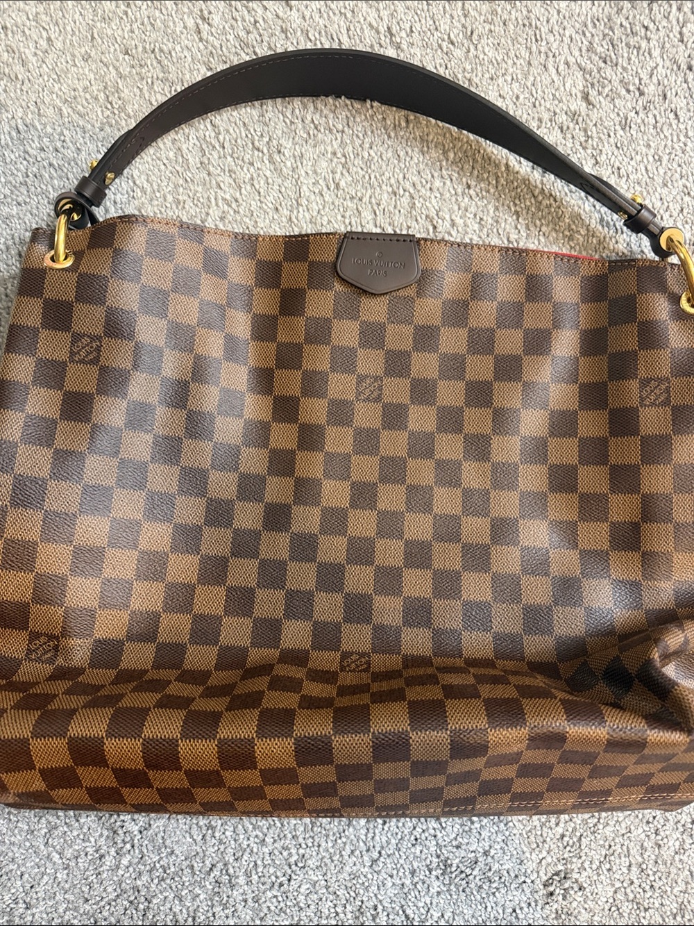 Louis Vuitton Damier Ebene Checkered Canvas Shoulder Bag with Dark Brown Strap